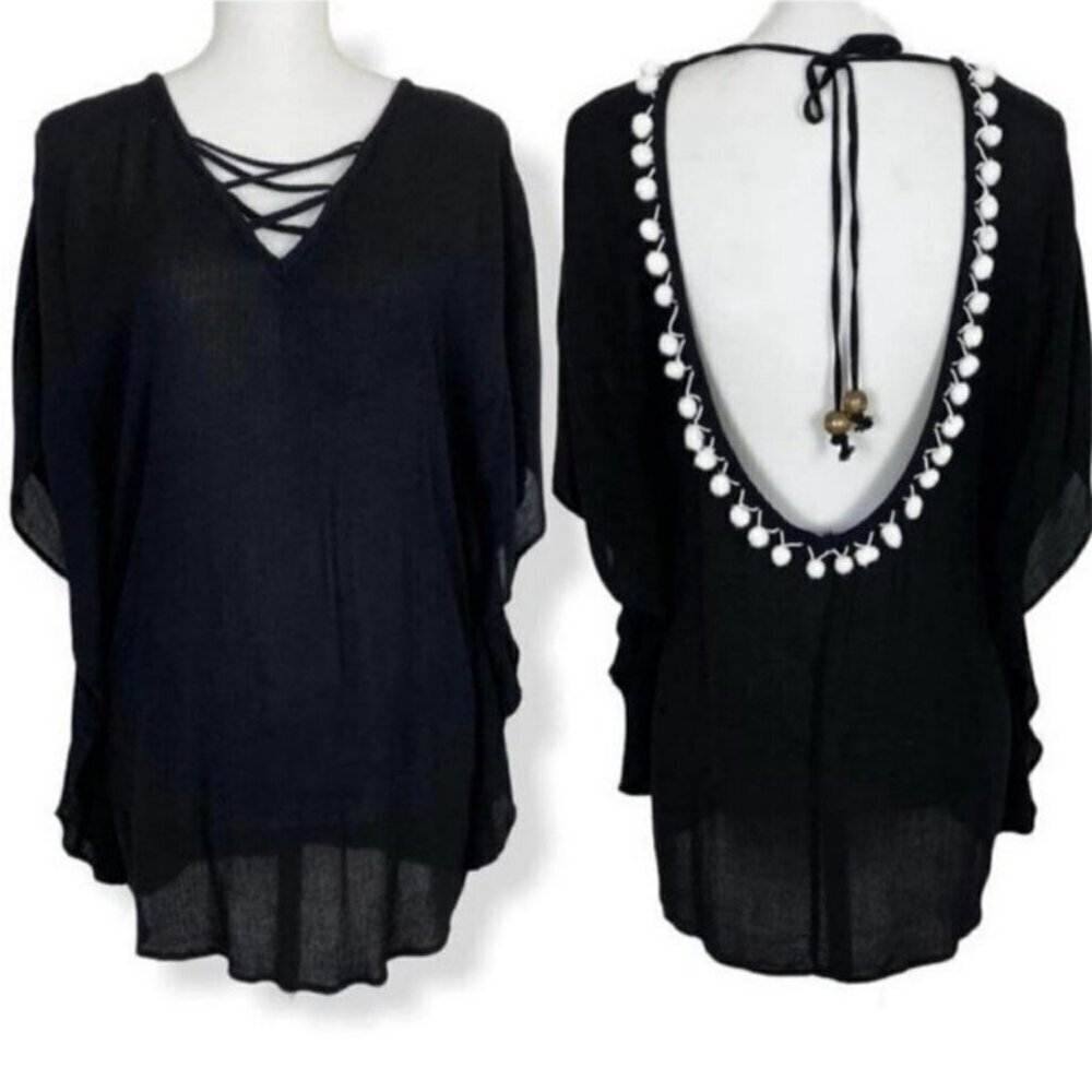 Francesca’s Black Pom Pom Trim Cover Up Tunic Top Deep V Back Size S EUC